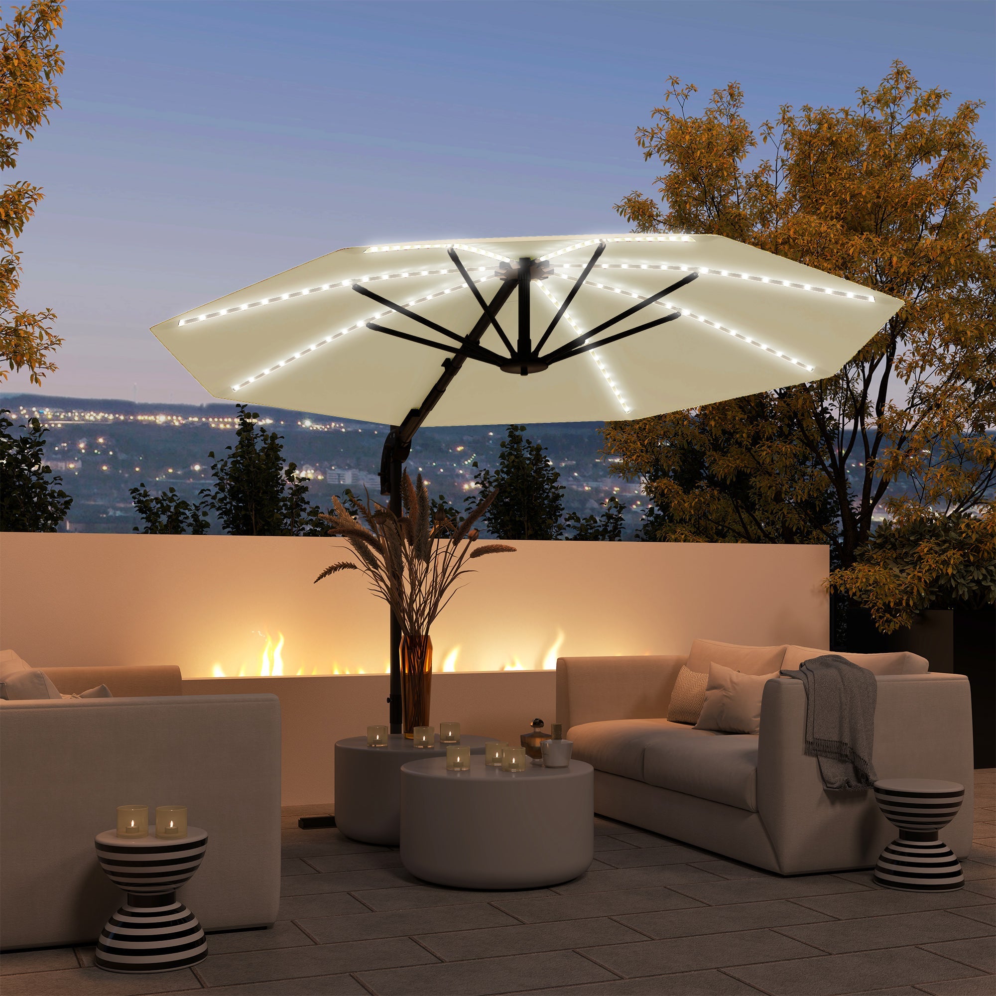 Outsunny 3(m) Cantilever Garden Parasol with Solar Powered Lights, Crank Handle & Cross Base, UPF 50+, 360° Rotation, Cream 
