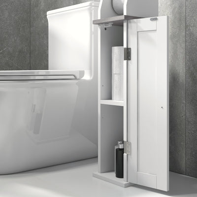 kleankin Slim Bathroom Floor Cabinet with Cupboard, Roll Holder and Adjustable Shelf, Toilet Roll Storage Unit for Toilet Paper, Shampoo, White 