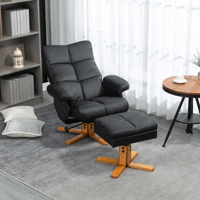 HOMCOM Recliner Armchair, Swivel Reclining Chair With Ottoman, Swivel Faux Leather Chair with Wooden Base and Storage Footstool for Living Room, Black 
