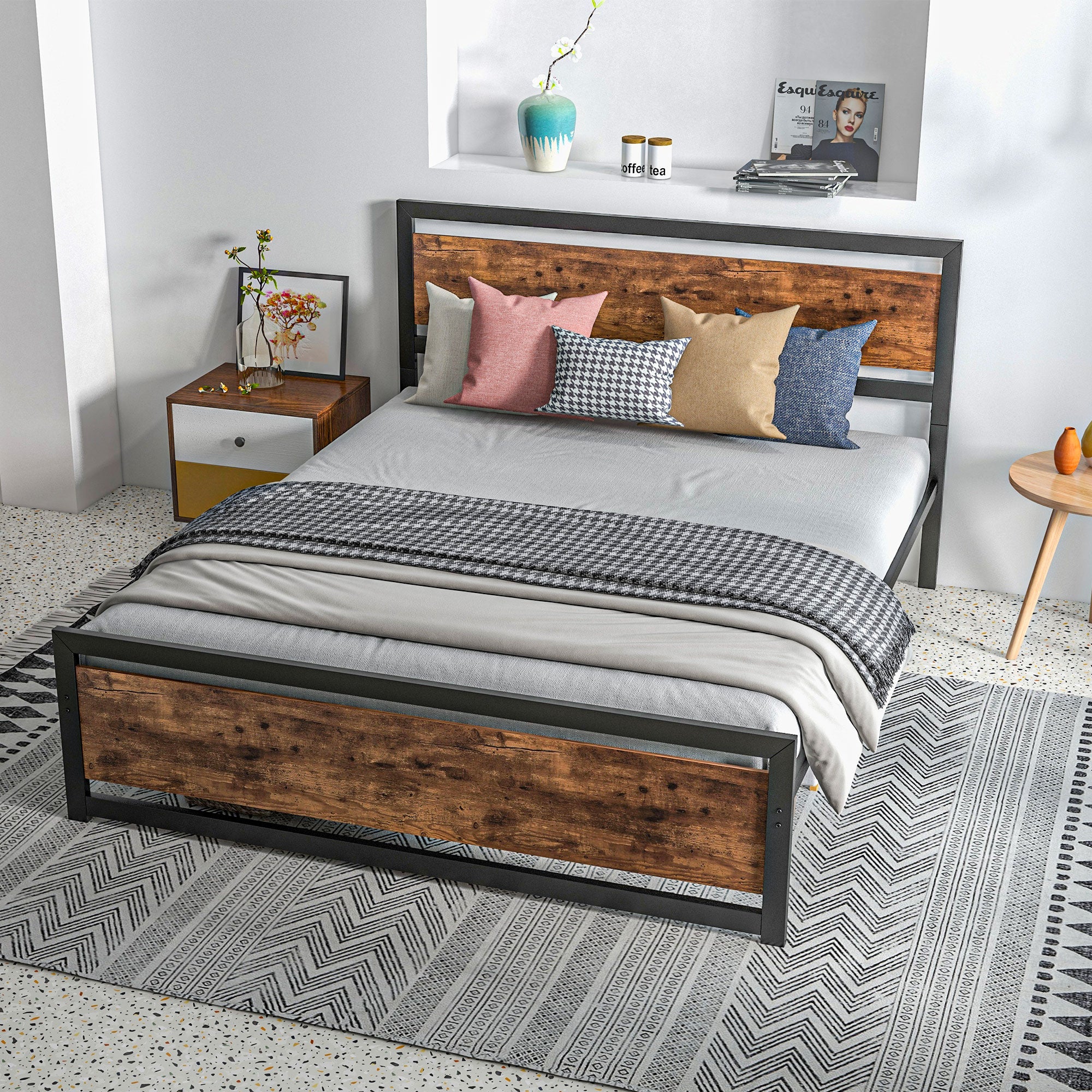 HOMCOM King Size Metal Bed Frame with Headboard & Footboard, Strong Slat Support Full Bed Frame w/ Underbed Storage Space, Bedroom Furniture For Adults 