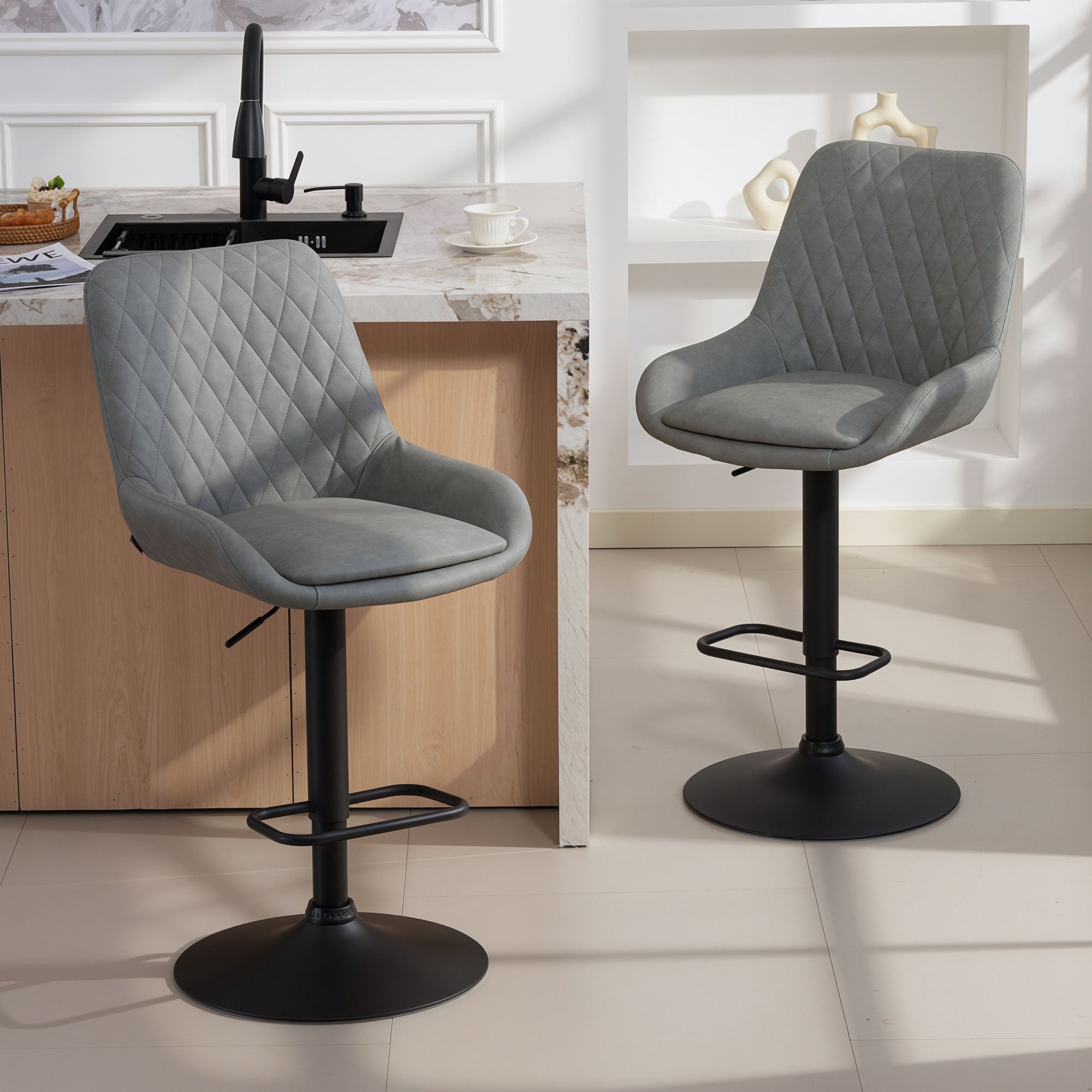 HOMCOM Set of Two Faux Leather Retro Bar Stools - Light Grey 