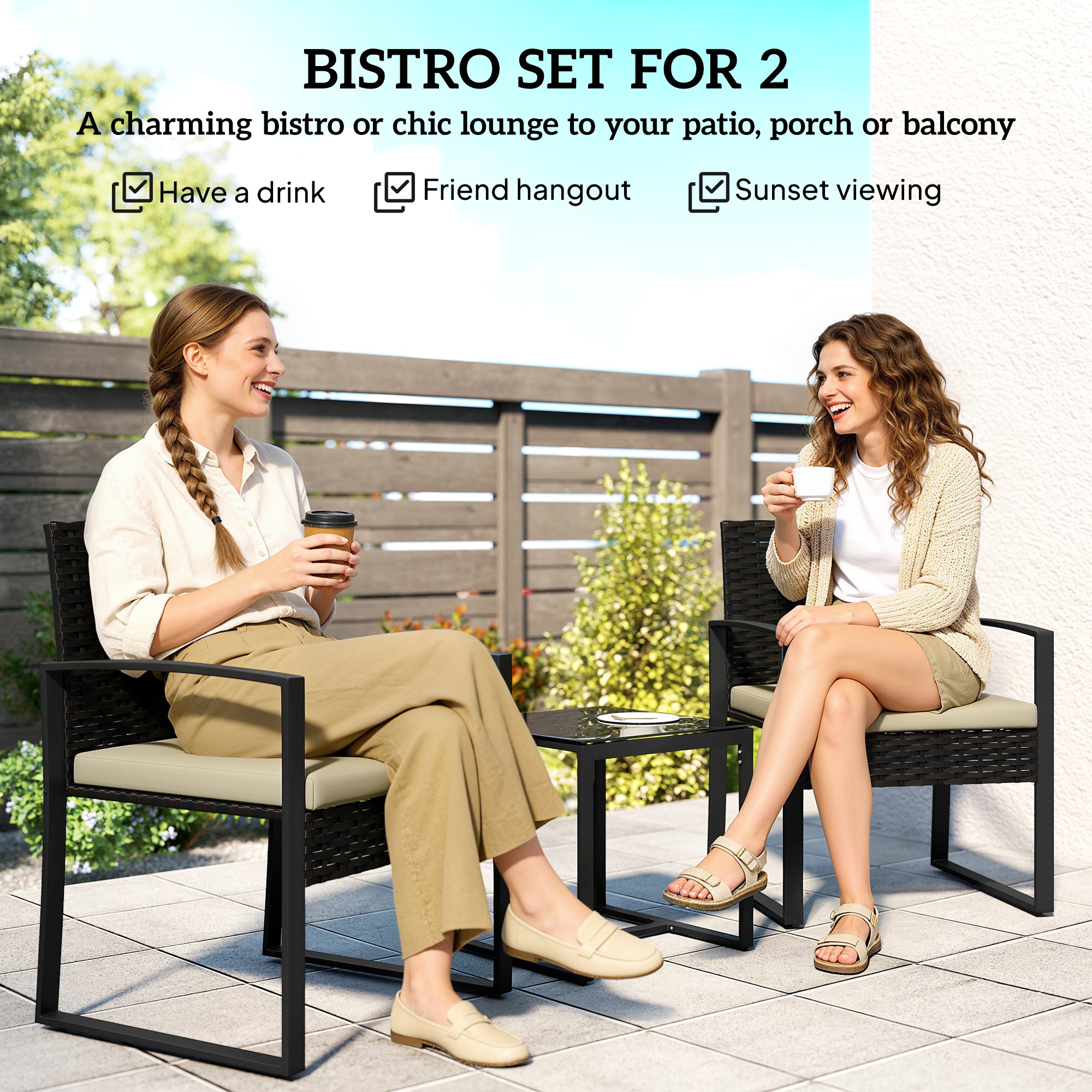 Outsunny Rattan Bistro Set, 3 Piece Garden Furniture Set with Glass Top Table and Cushions, Khaki 