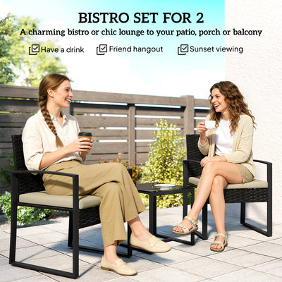 Outsunny Rattan Bistro Set, 3 Piece Garden Furniture Set with Glass Top Table and Cushions, Khaki 