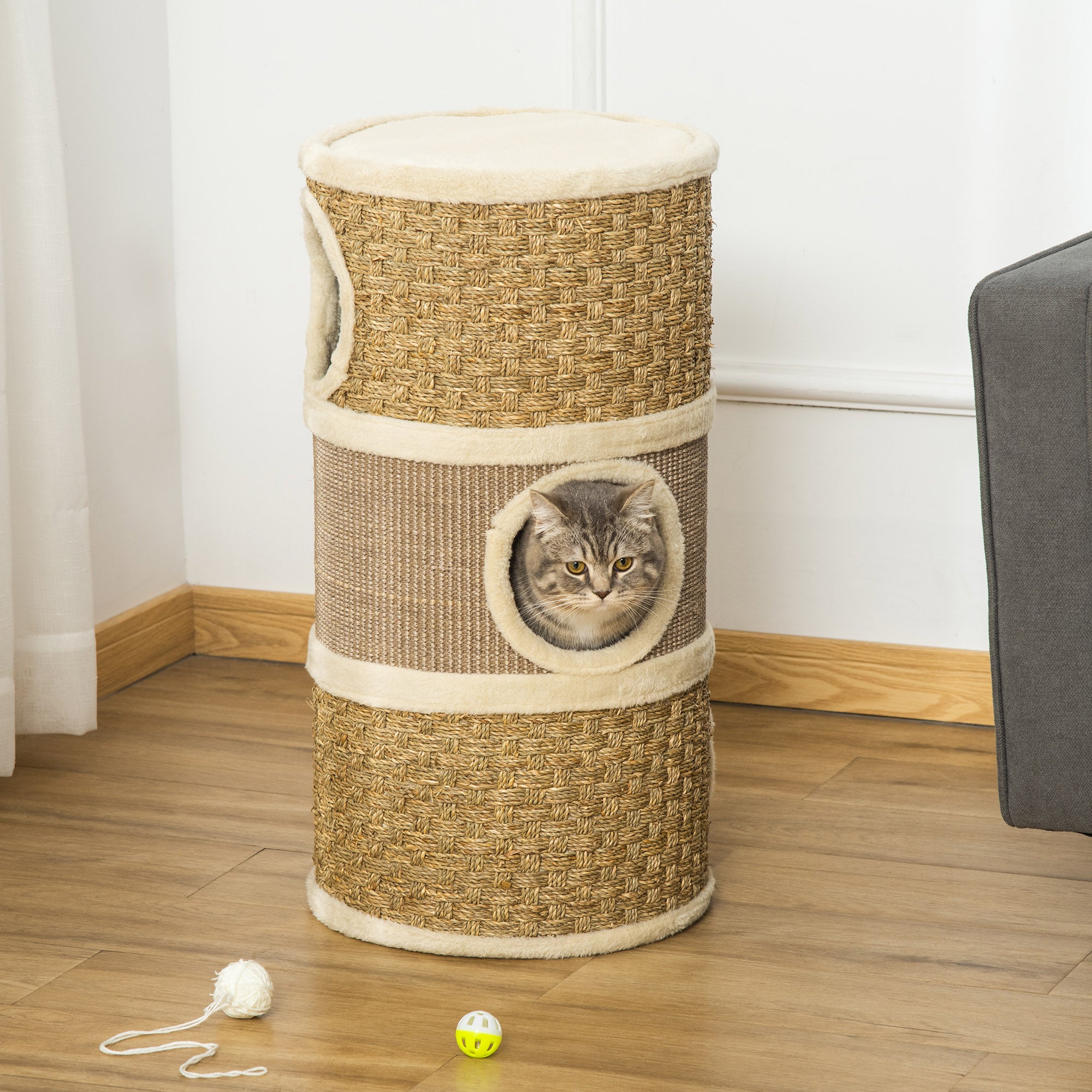PawHut Cat Scratching Barrel Kitten Tree Tower for Indoor Cats Pet Furniture Climbing Frame Covered with Sisal and Seaweed Rope Cozy Platform Soft Plush 
