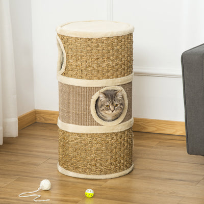 PawHut Cat Scratching Barrel Kitten Tree Tower for Indoor Cats Pet Furniture Climbing Frame Covered with Sisal and Seaweed Rope Cozy Platform Soft Plush 
