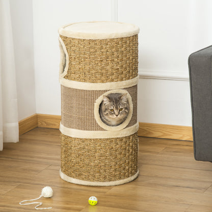PawHut Cat Scratching Barrel Kitten Tree Tower for Indoor Cats Pet Furniture Climbing Frame Covered with Sisal and Seaweed Rope Cozy Platform Soft Plush 
