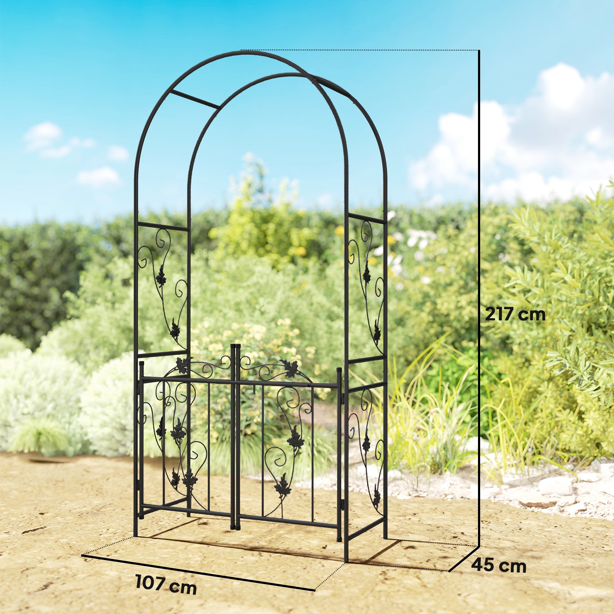 Outsunny 2.17m Steel Garden Arch with Gate, Wedding Arch for Outdoor, Garden, 107W x 45D x 217H cm Black 