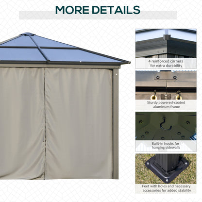 Outsunny 3 x 3(m) Hardtop Gazebo Canopy with Polycarbonate Roof, Aluminium Frame, Permanent Pavilion Garden Gazebo with Netting and Curtains for Patio, Deck, Dark Grey 