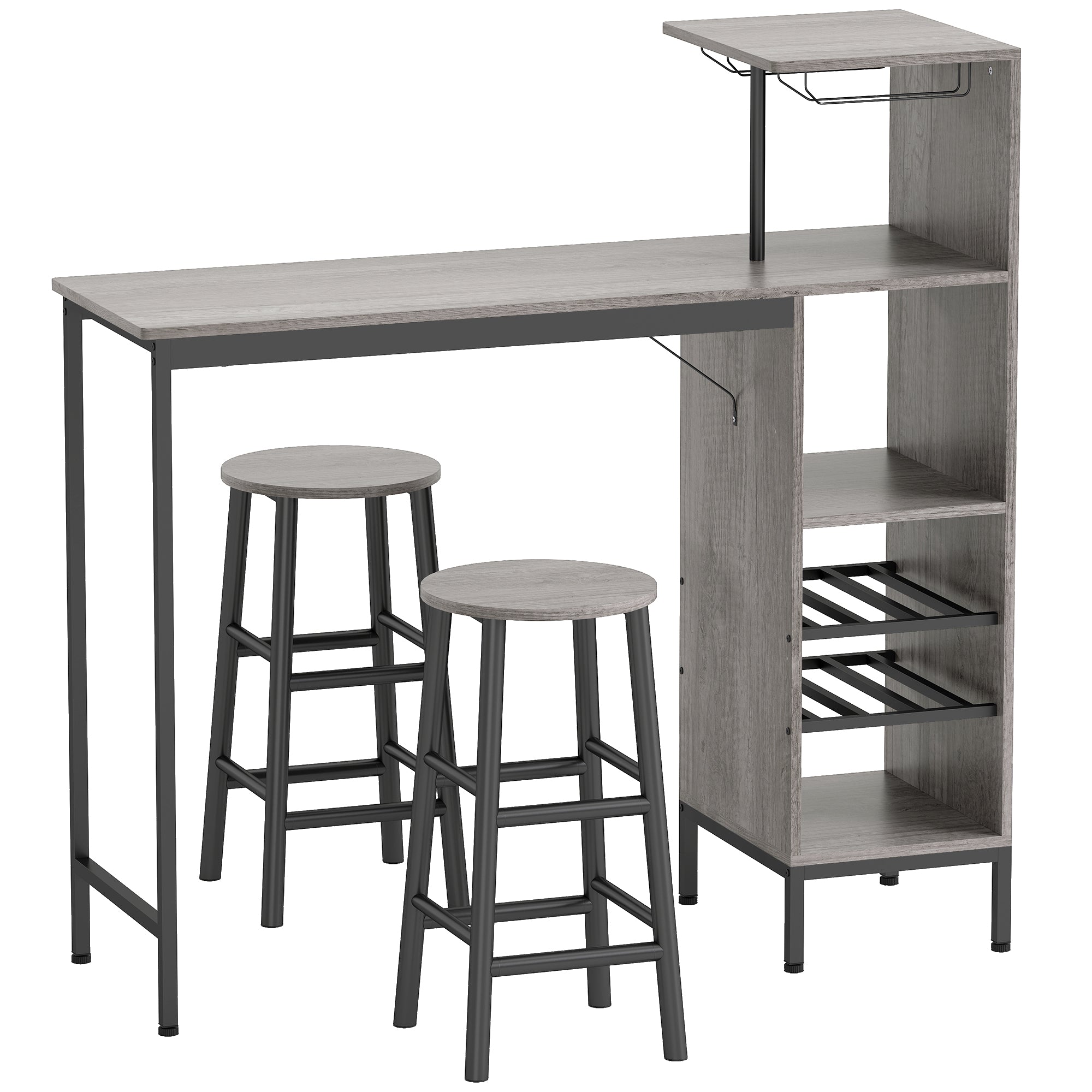 HOMCOM 3 Pieces Dining Room Set, 2 Round Stools with Footrest, 6-Tier Dining Table with Storage Shelves, Natural 