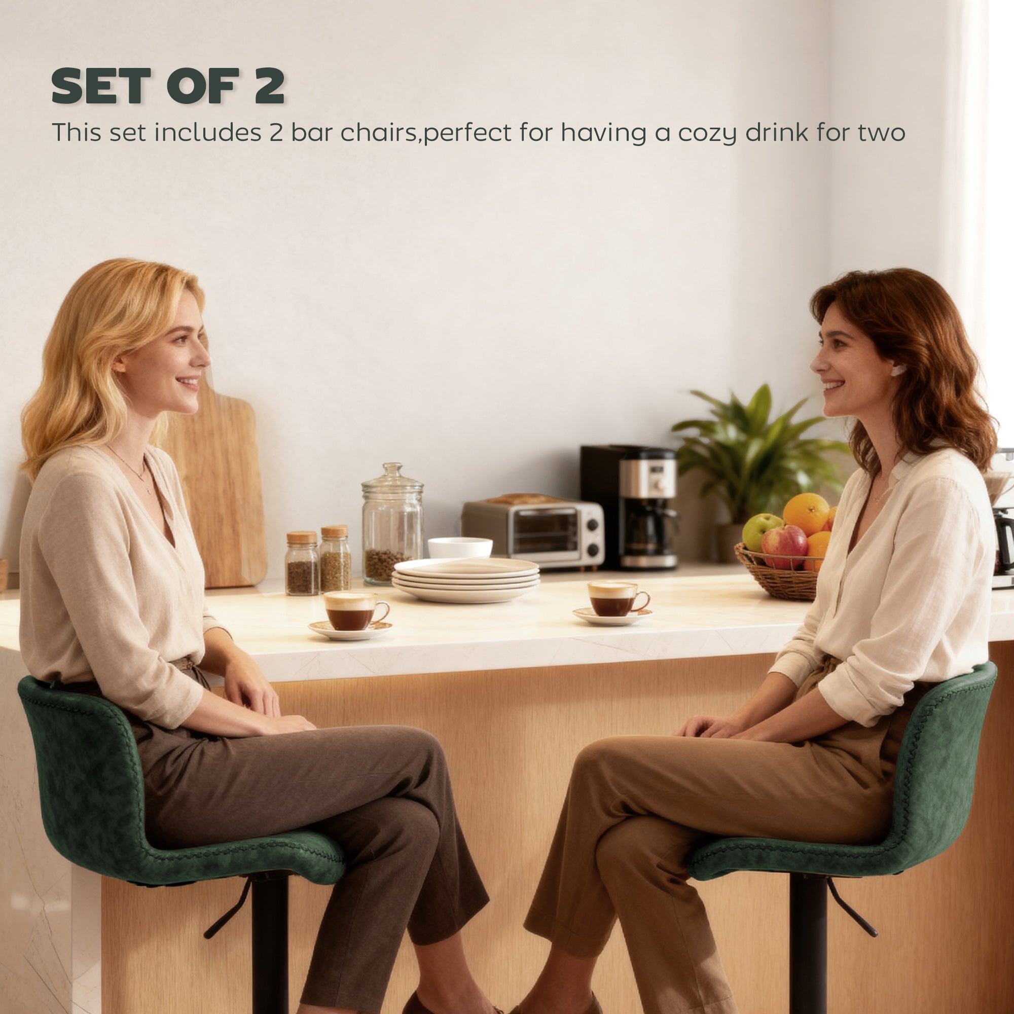 HOMCOM Bar Stools Set of 2, PU Leather Barstools with Backrest and Footrest for Kitchen, Counter, Breakfast Bar, Green 
