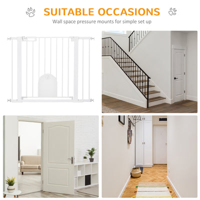 PawHut Dog Gate with Cat Flap Pet Safety Gate Barrier, Stair Pressure Fit, Auto Close, Double Locking, for Doorways, Hallways, 75-103 cm White 