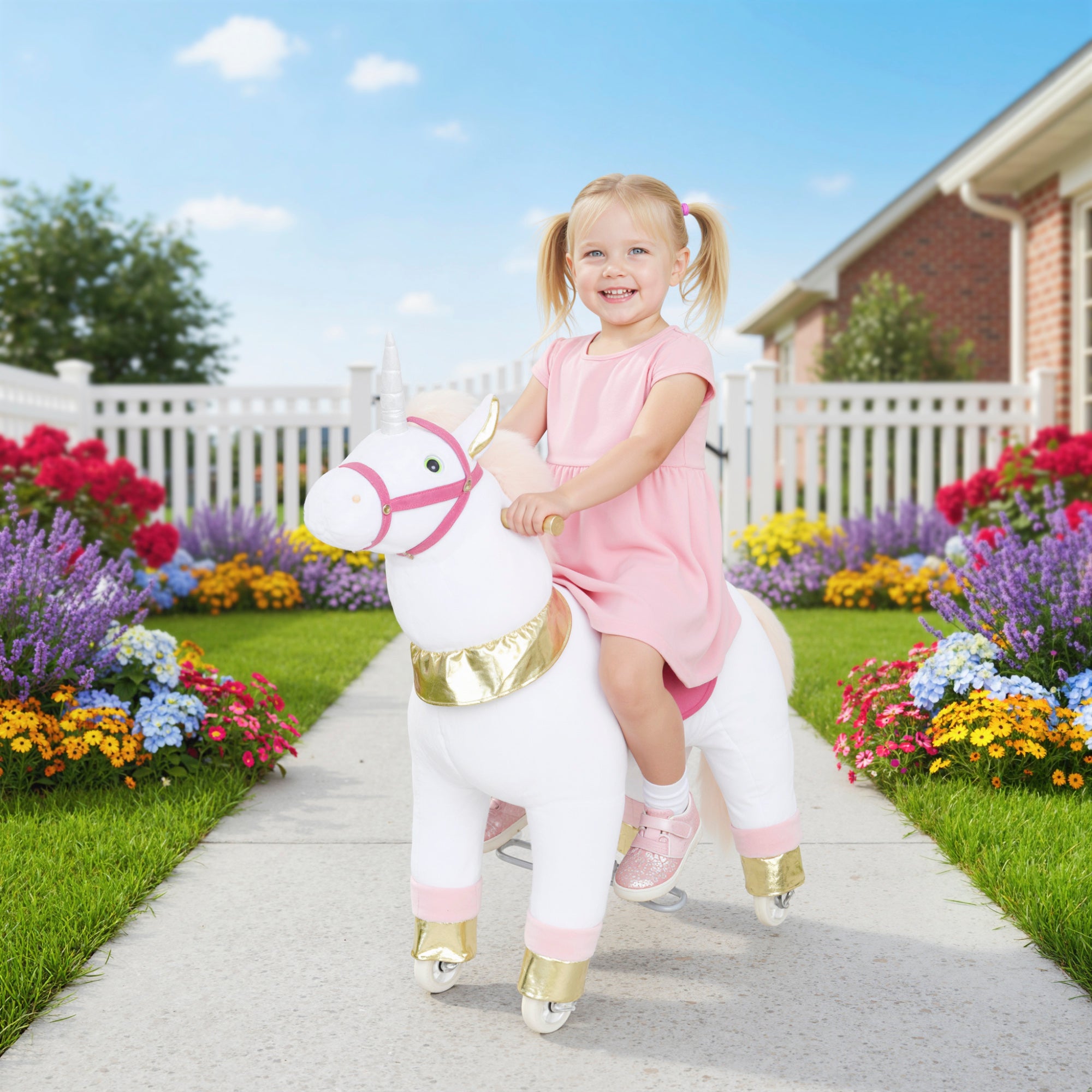 AIYAPLAY Kids Rocking Horse, Plush Walking Horse with Wheels, Ride On Unicorn Toy for Ages 3-5 Years Old, White 