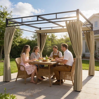 Outsunny 3 x 3 m Pergola with Retractable Roof Canopy and Curtains, UPF30+ Metal Frame Garden Pergola Gazebo Sun Shade, Khaki 