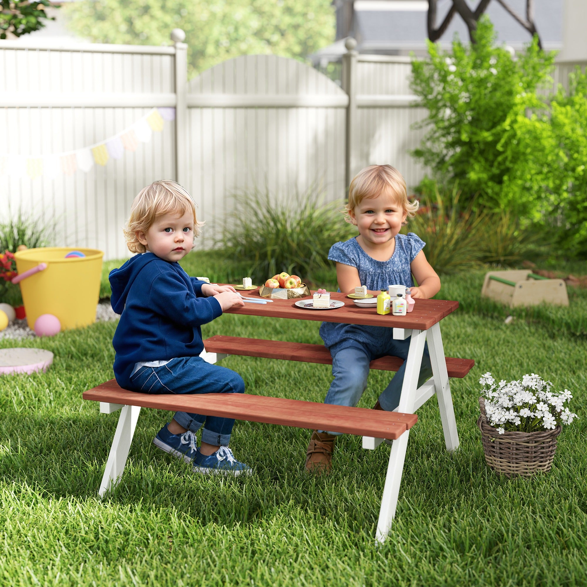 Outsunny Kids Picnic Table, Wooden Table and Bench Set, Kids Garden Furniture for Patio Aged 3-8 Years Old, Brown 