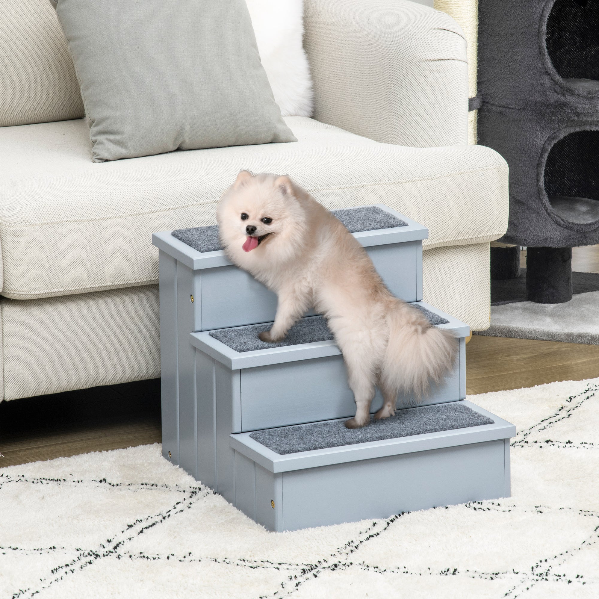 PawHut 3 Step Wooden Dog Steps Pet Stairs for Dogs, Cat Ladder for Bed Couch with Storage Grey 
