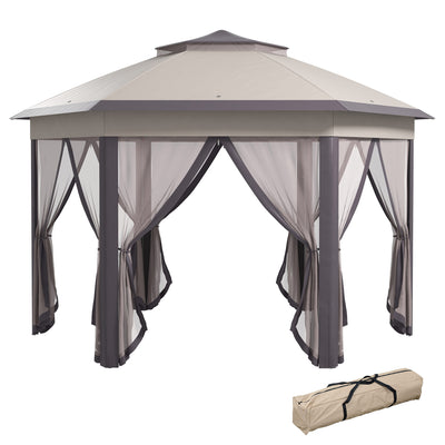 Outsunny 3 x 4m Garden Gazebo Hexagon Pop Up Party Tent Canopy Double Roof Instant Shelter with Netting and Carry Bag for Outdoor Patio, Beige 