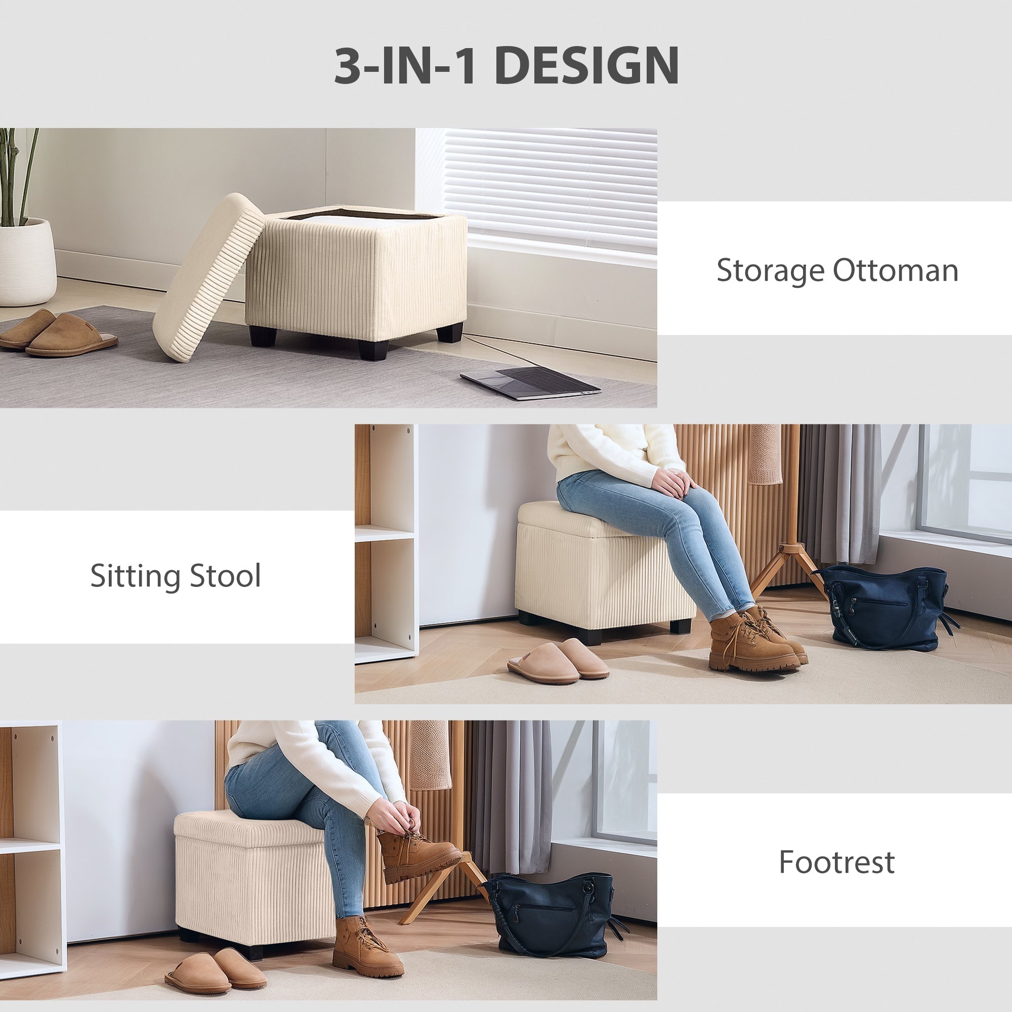 HOMCOM Storage Ottoman Bench, Corduroy Footstool with Removable Lid and Legs, 40cm Storage Chest Box for Living Room, Bedroom, Hallway, Beige 