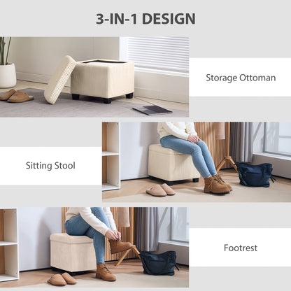HOMCOM Storage Ottoman Bench, Corduroy Footstool with Removable Lid and Legs, 40cm Storage Chest Box for Living Room, Bedroom, Hallway, Beige 