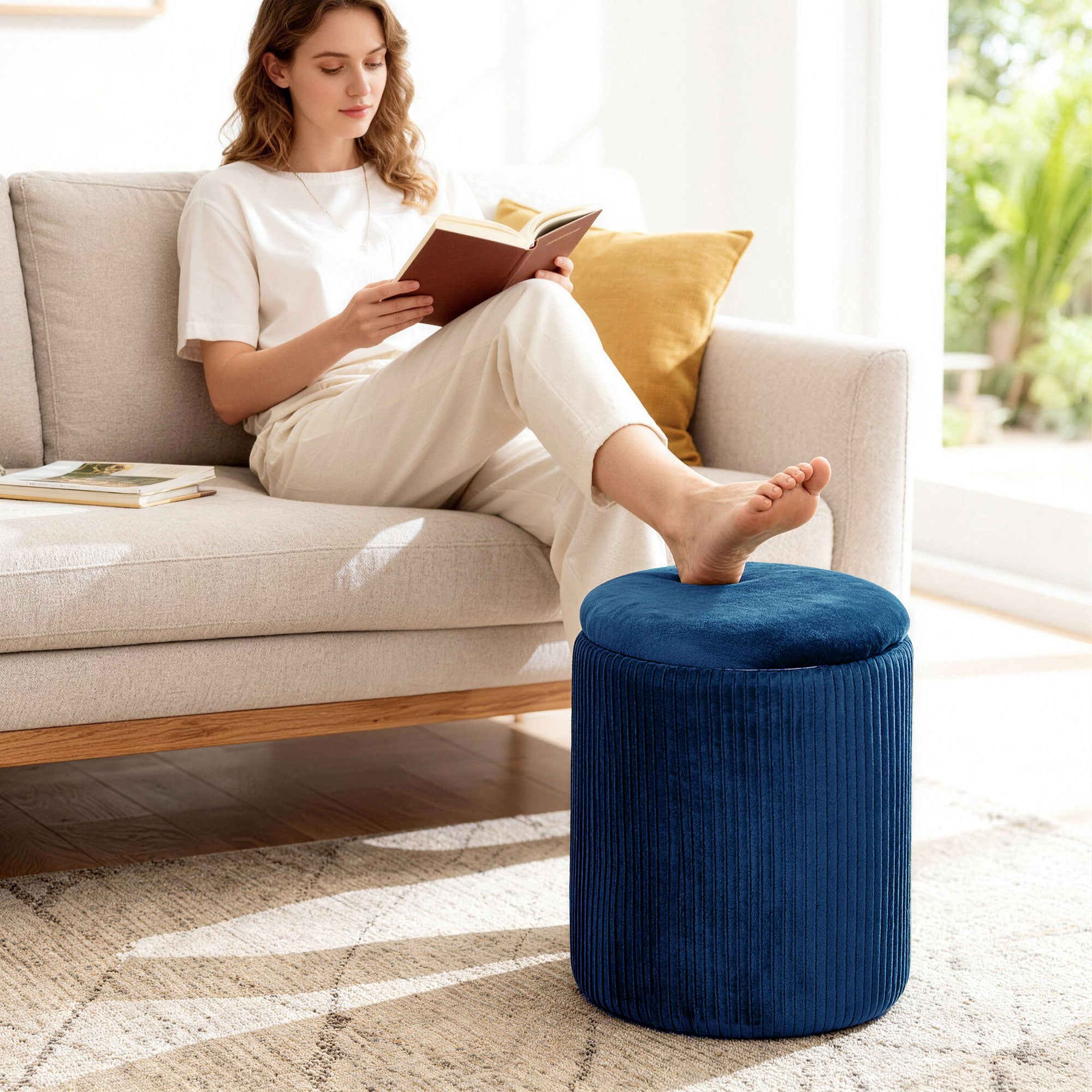 HOMCOM Storage Ottoman Modern Velvet Round Foot Stool for Living Room Bedroom 45 cm Blue 