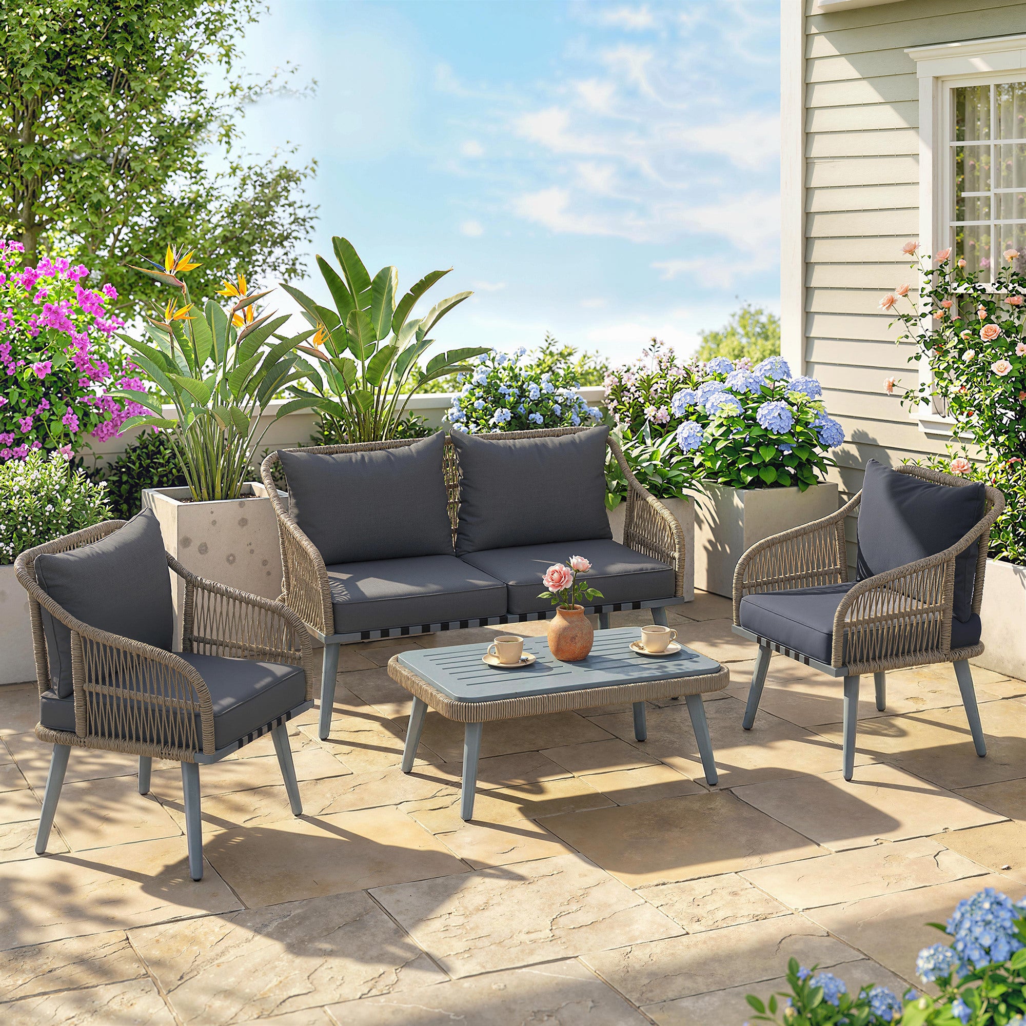 Outsunny 4 Piece Rattan Garden Furniture Set with Loveseat, Armchairs, Wood Table, Wicker Patio Conversation Set, Grey 