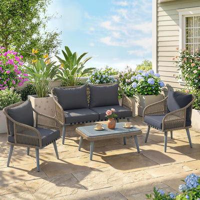 Outsunny 4 Piece Rattan Garden Furniture Set with Loveseat, Armchairs, Wood Table, Wicker Patio Conversation Set, Grey 
