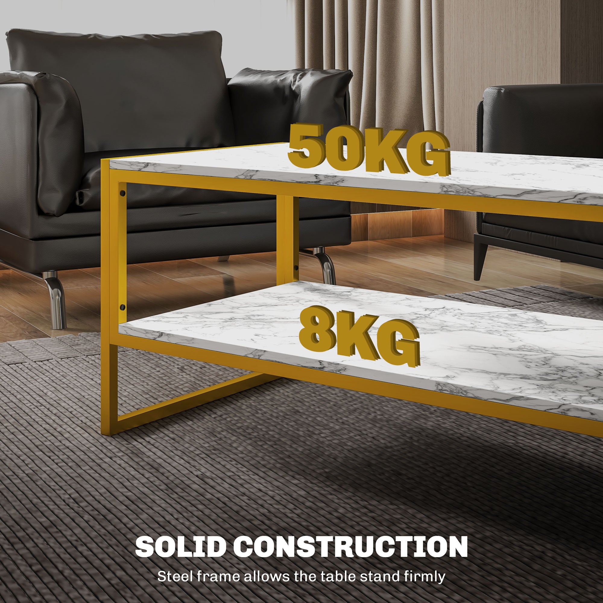 HOMCOM Coffee Table, Two-Tier Marble Centre Table with Metal Frame and Storage Shelf for Living Room, 106 x 50 x 45cm, White 