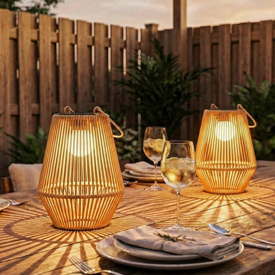 Outsunny Hanging Solar Lanterns, 2 Pack Rattan Solar Lights with Handle for Patio, Pathway, Terrace, Auto On/Off, Brown 
