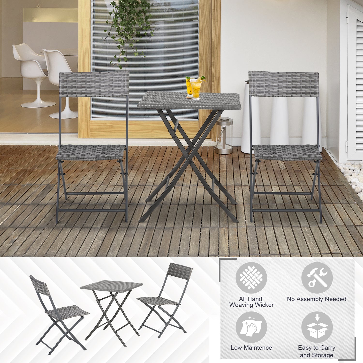 Outsunny 2-Seater Chair Bistro Set Garden Patio Table & Chair Black Rattan Furniture Grey 