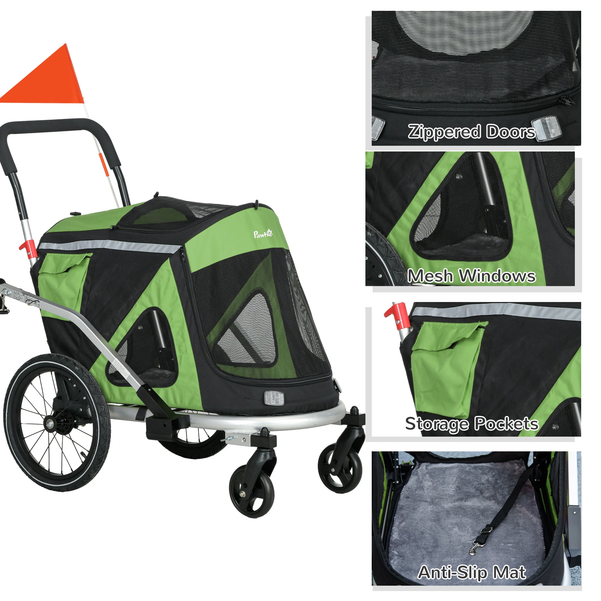 PawHut 2 in 1 Aluminium Foldable Dog Bike Trailer, Pet Stroller, for Medium Dogs - Green 