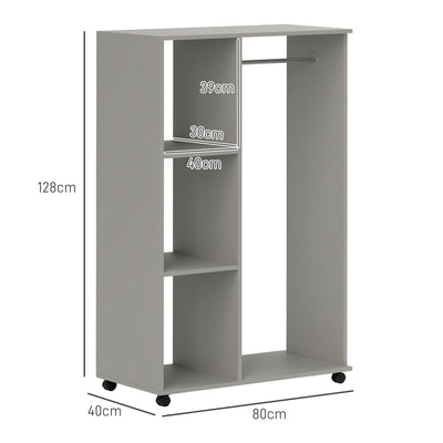 HOMCOM Open Wardrobe on Wheels with Clothes Rail, Bedroom Clothes Storage with Hanging Rod, 3 Storage Shelves, Mobile Garment Rack for Cloakroom, Hallway, Grey 