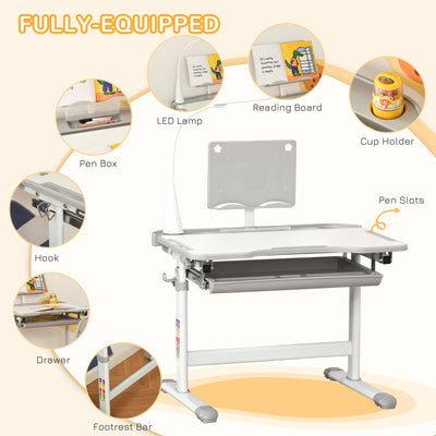 HOMCOM Kids Study Desk and Chair Set w/ Adjustable Height, Storage, Drawer, Grey 