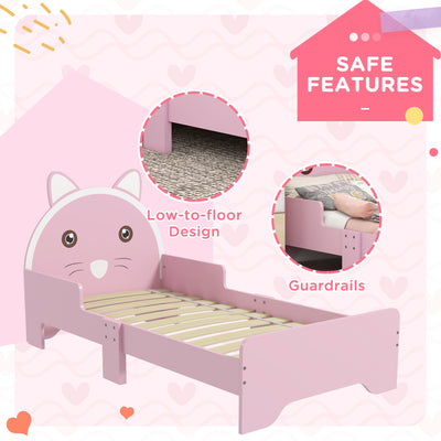 ZONEKIZ Bed for Kids Cat Design Toddler Bed Frame Bedroom Furniture with Guardrails, for 3-6 Years, 143L x 74W x 72Hcm - Pink 