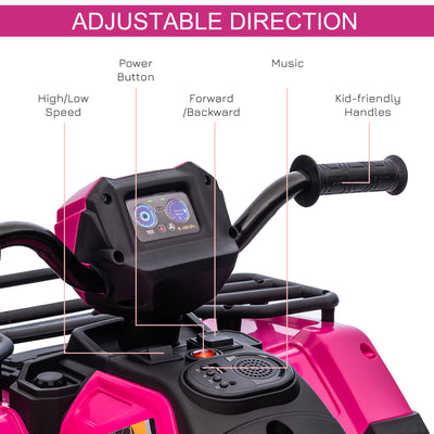 HOMCOM 12V Kids Quad Bike with Forward, Reverse Functions, Ride-On ATV w/ Music, LED, Headlights, for Ages 3-5 Years - Pink 