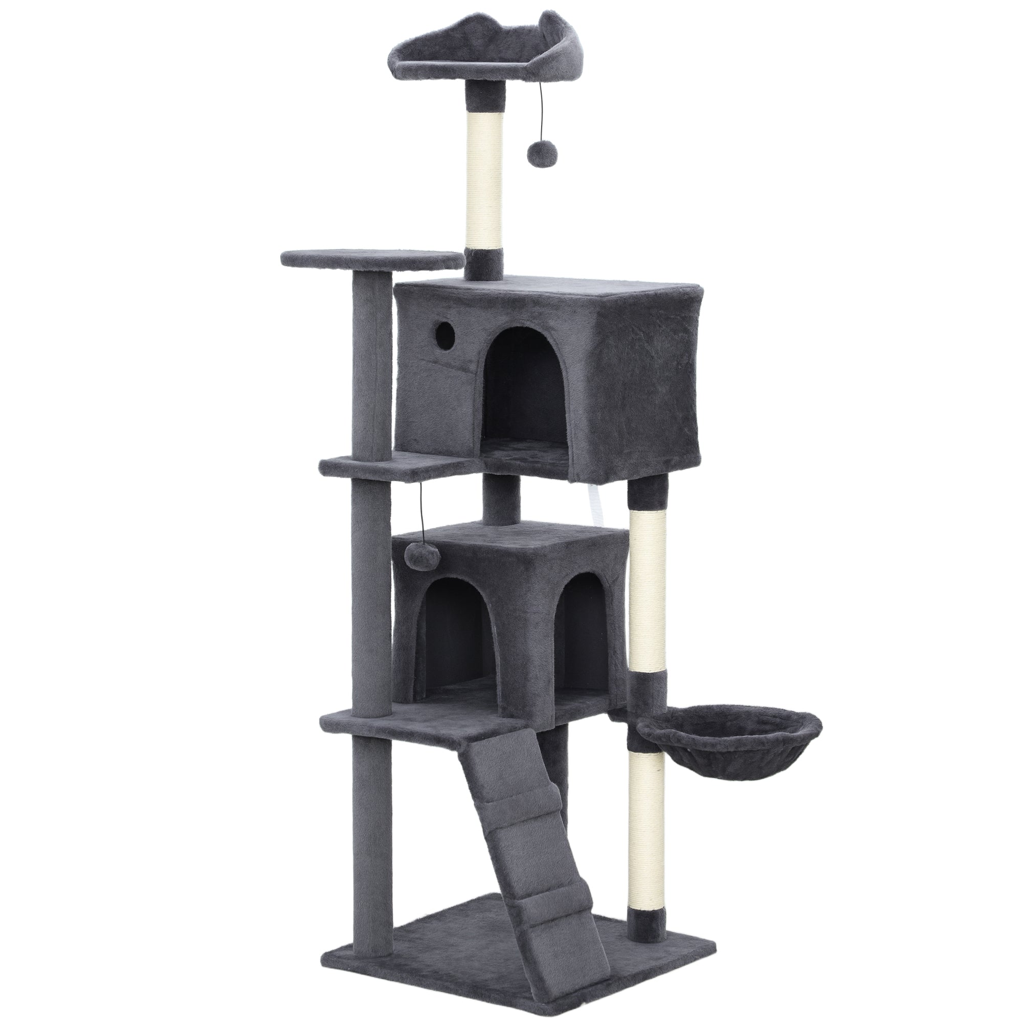 PawHut 160cm Large Cat Tree Tower with Sisal Scratching Posts, Condos, Plush Perches, Hammock, Ladder, Dark Grey 