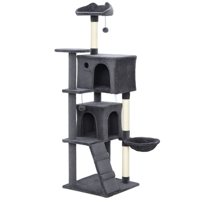 PawHut 160cm Large Cat Tree Tower with Sisal Scratching Posts, Condos, Plush Perches, Hammock, Ladder, Dark Grey 