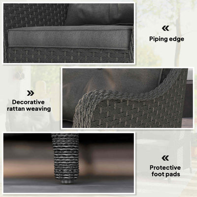 Outsunny Rattan Garden Chairs Set of 2, Outdoor Rattan Chairs with Cushions, Armrests and High Back, PE Wicker Garden Armchair with Steel Frame for Balcony, Porch, Dark Grey 