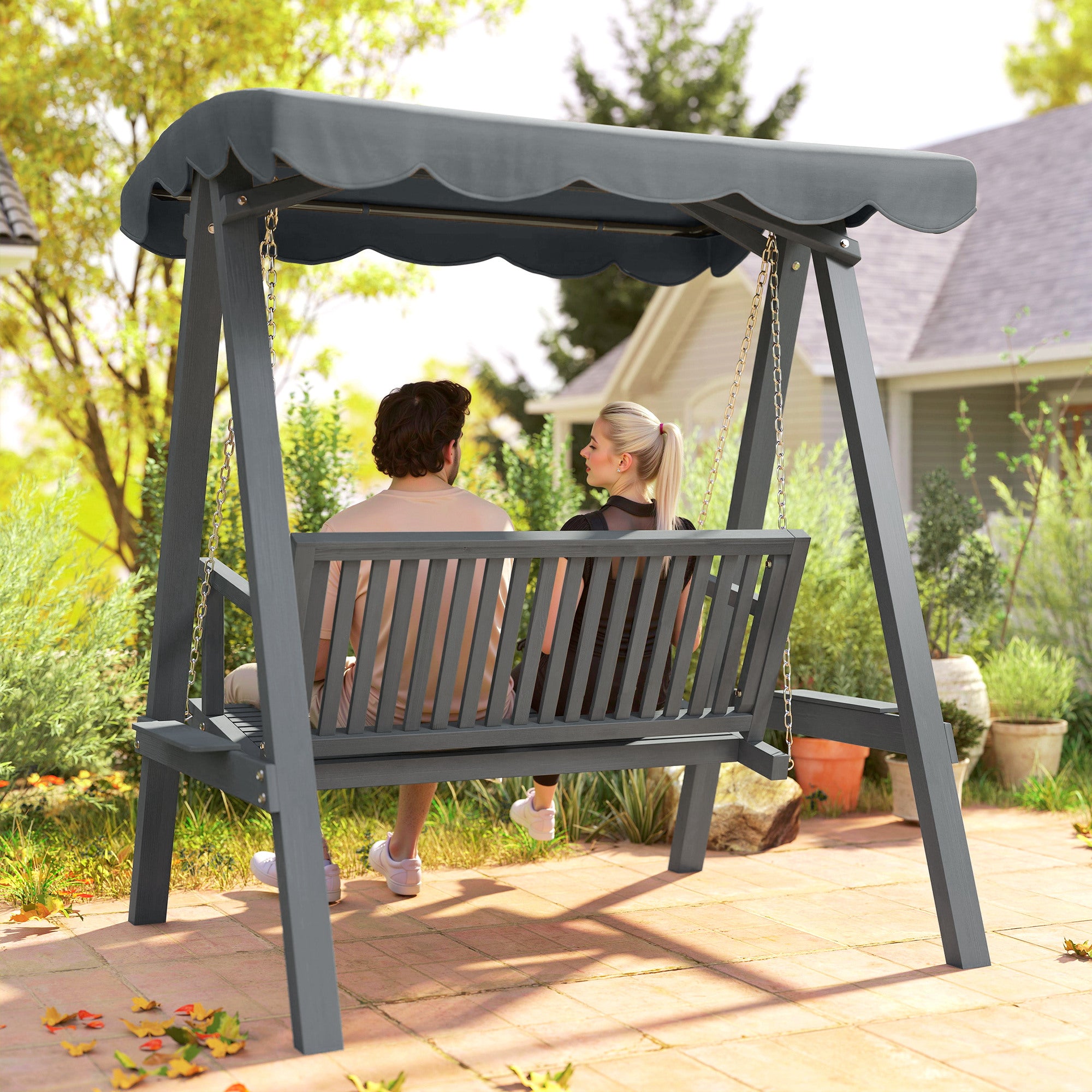Outsunny 2 Seater Garden Swing Seat with Canopy, Wooden Swing Chair, Outdoor Hammock Bench for Balcony Patio Porch, Grey 