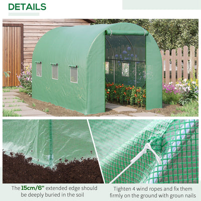 Outsunny 3.5 x 2m Walk-In Polytunnel Greenhouse, with Steel Frame, PE Cover, Roll-Up Door and 6 Windows, Green 