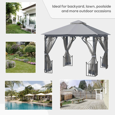 Outsunny 3 x 3(m) Garden Gazebo Patio Party Tent Shelter Outdoor Canopy Double Tier Sun Shade Metal Frame Netting, Light Grey 