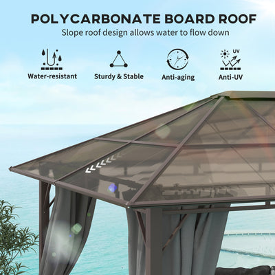 Outsunny 3 x 3.6m Hardtop Gazebo Canopy with Polycarbonate Roof Garden Pavilion with Removable Curtains and Steel Frame, Dark Grey 