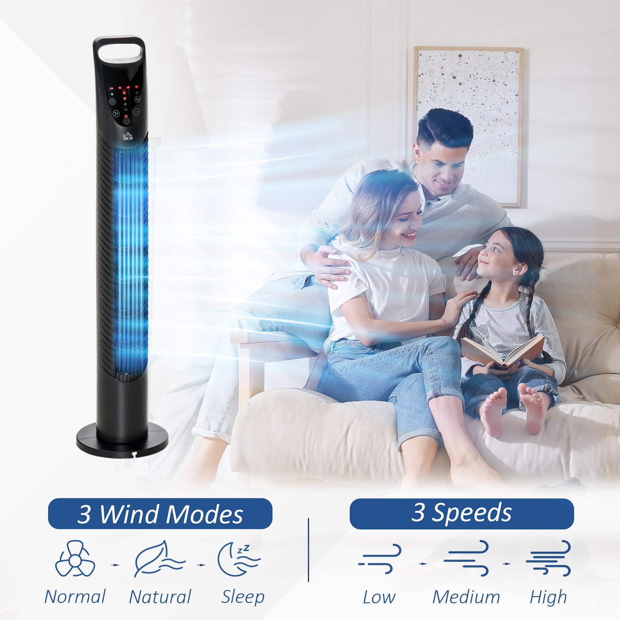 HOMCOM 31" Oscillating Tower Fan with Remote Control, 7.5H Timer, 3 Speed 3 Modes, Electric Floor Standing Cooling Fan for Home Bedroom Office, Black 