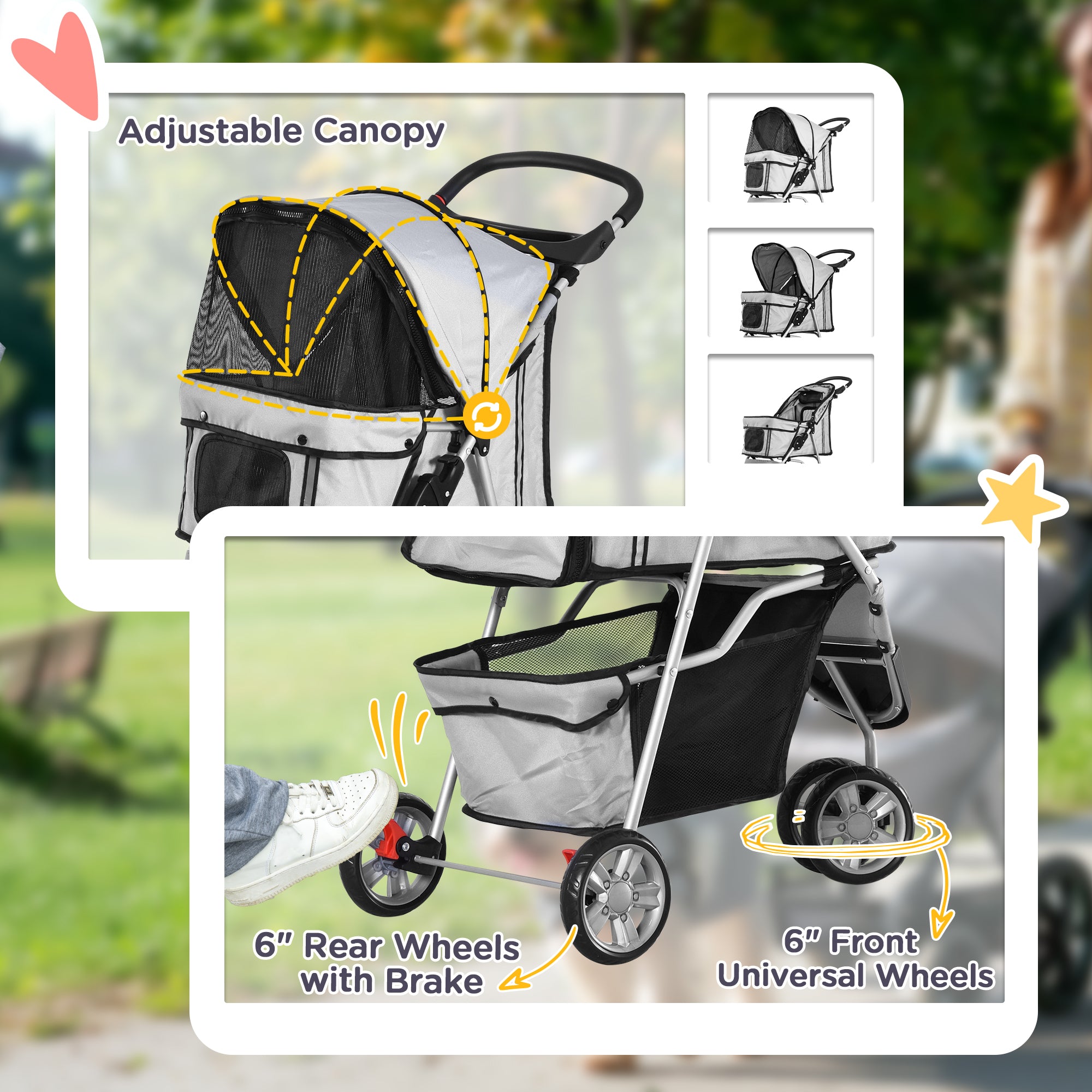 PawHut Dog Stroller, 3 Wheels Foldable Cat Dog Pram with Cup Holder, Storage Basket, Pet Stroller for Small Miniature Dogs, Grey 
