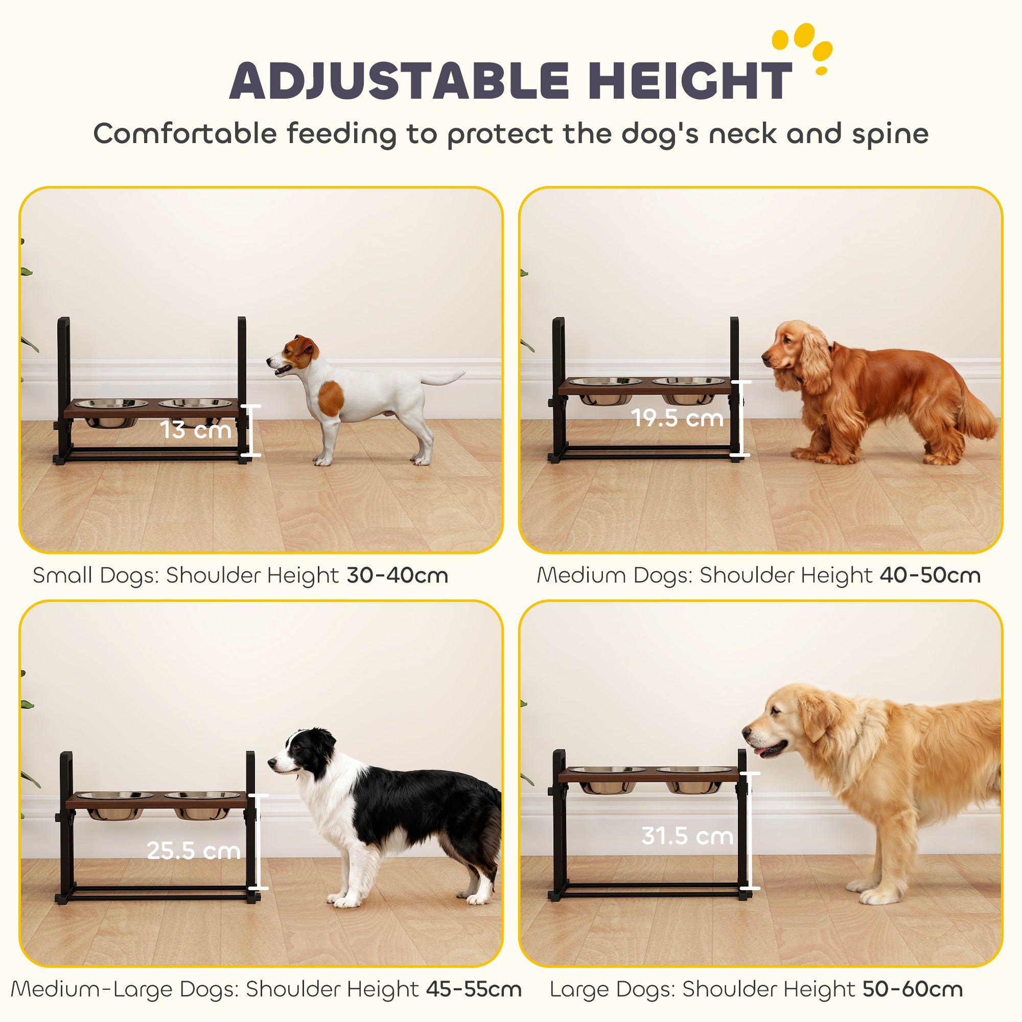 PawHut Raised Dog Bowls with Stand, 4 Heights Adjustable Pet Feeder with 3 Adjustable Angles for Small, Medium & Large Breeds, Brown 