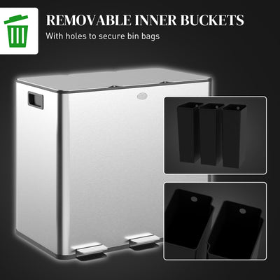HOMCOM 3 x 15L Pedal Bin, Steel Triple Kitchen Bin with Soft Close Lid, Removable Inner Buckets, Fingerprint-Proof, Silver 