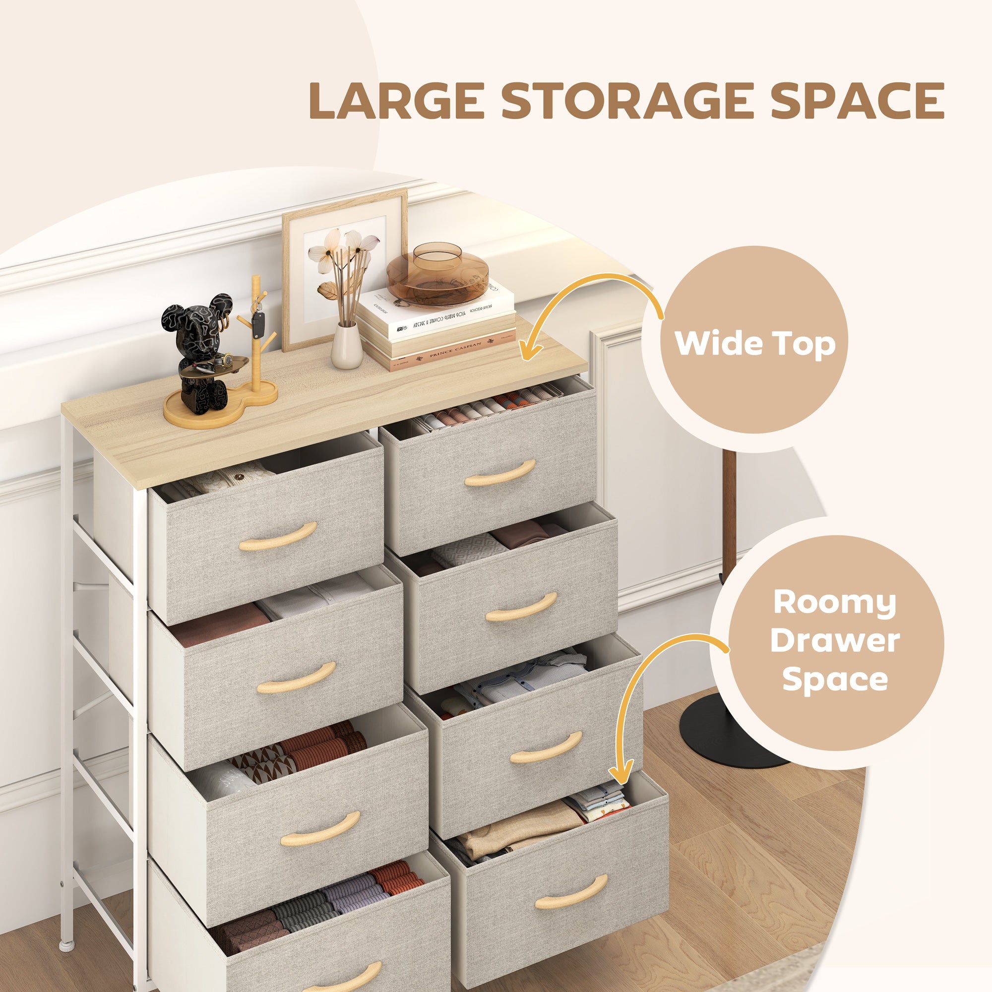 HOMCOM Fabric Chest of Drawers, Industrial Bedroom Dresser with 8 Fabric Drawers, Steel Frame and Wooden Top for Nursery, Living Room, Hallway, Maple Wood-effect