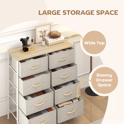 HOMCOM Fabric Chest of Drawers, Industrial Bedroom Dresser with 8 Fabric Drawers, Steel Frame and Wooden Top for Nursery, Living Room, Hallway, Maple Wood-effect 