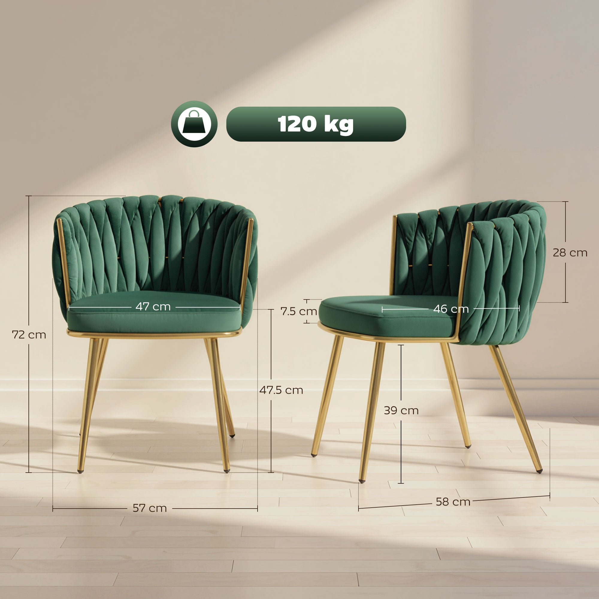 HOMCOM Velvet-Feel Dining Chairs Set of 2, Modern Upholstered Armchair with Knot Design and Golden Metal Legs, Accent Chair for Dining Room, Bedroom, Kitchen, Living Room, Dark Green 