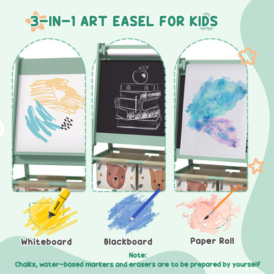 ZONEKIZ Kids Table and Chair Set and Kids Easel with Paper Roll, Storage Baskets, Kids Activity Furniture Set, Green 