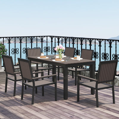 Outsunny 6 Seater Garden Dining Set with Stackable Chairs, Aluminium Frame, Rectangular Plastic Top, Garden Furniture Set, Outdoor Dining Table and Chairs for Patio, Balcony, Poolside, Brown 