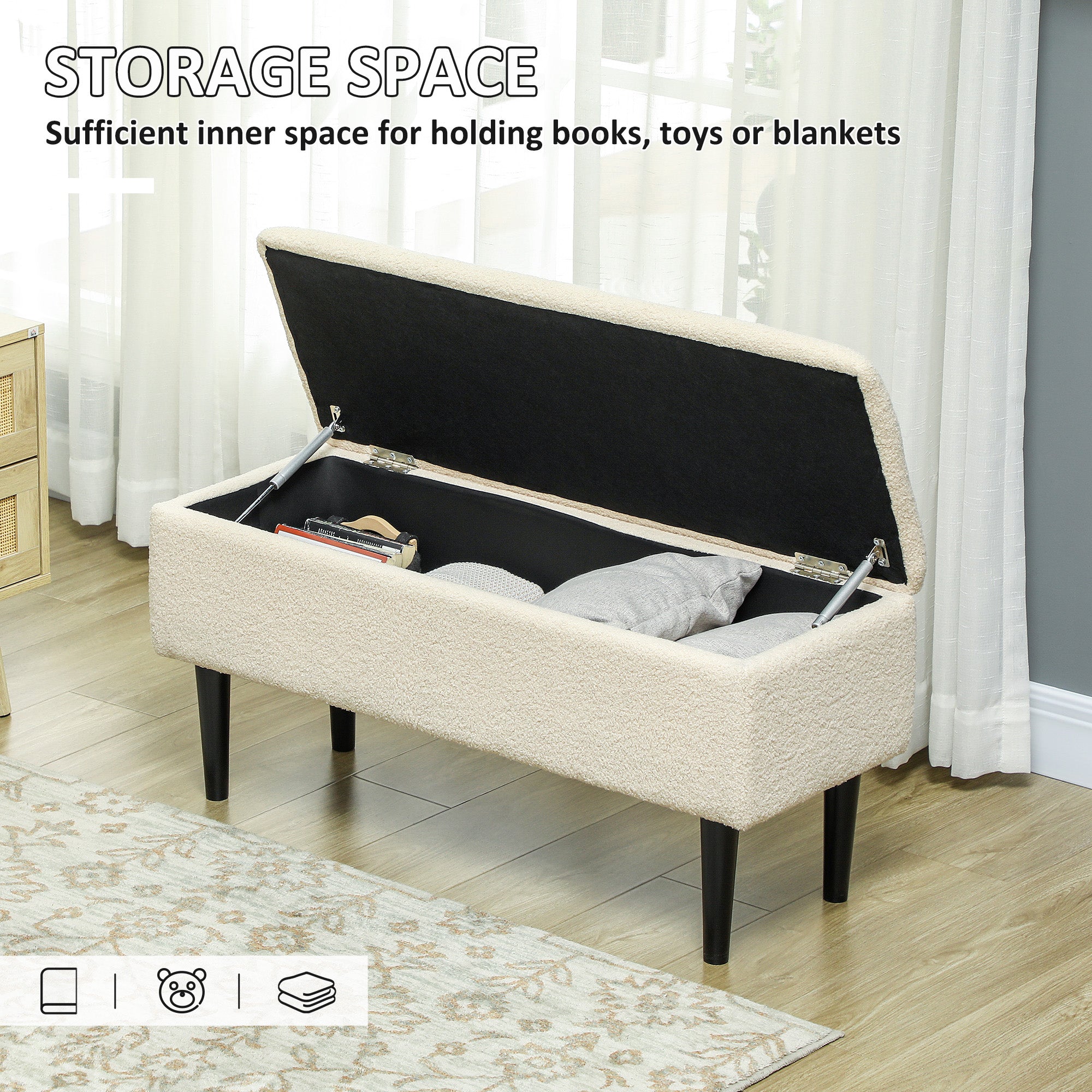 HOMCOM 47L Teddy Fleece Storage Ottoman - Cream 